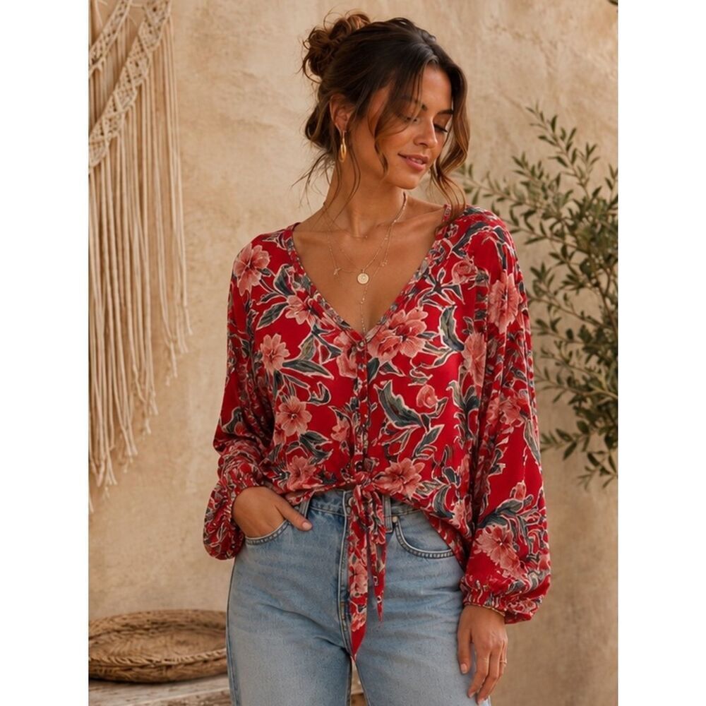Anthropologie Show Me Your MuMu Red and Green Floral Blouse